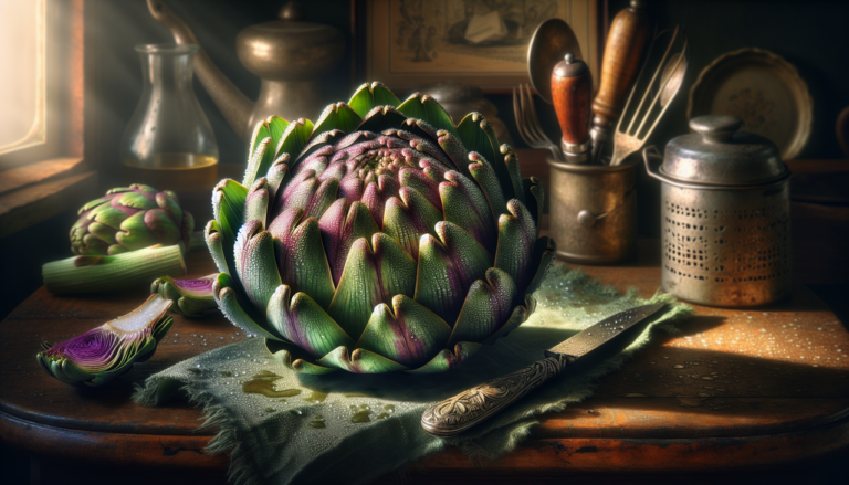 Affiche un artichaut réaliste sur une table en bois avec des ustensiles de cuisine anciens en arrière-plan.
