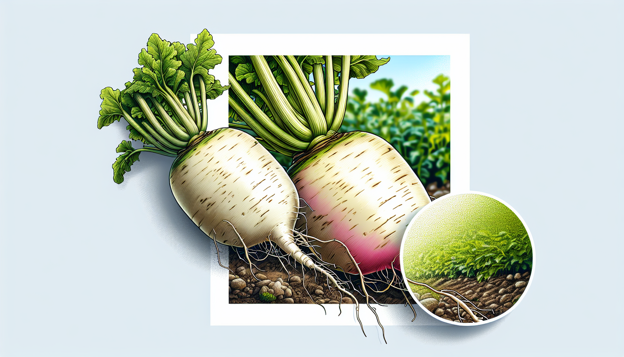Alt text : "Légume en forme de D - Illustration réaliste d'un radis Daikon vibrant, détaillé et texturé, mis en valeur sur un fond de jardin en doux focus."