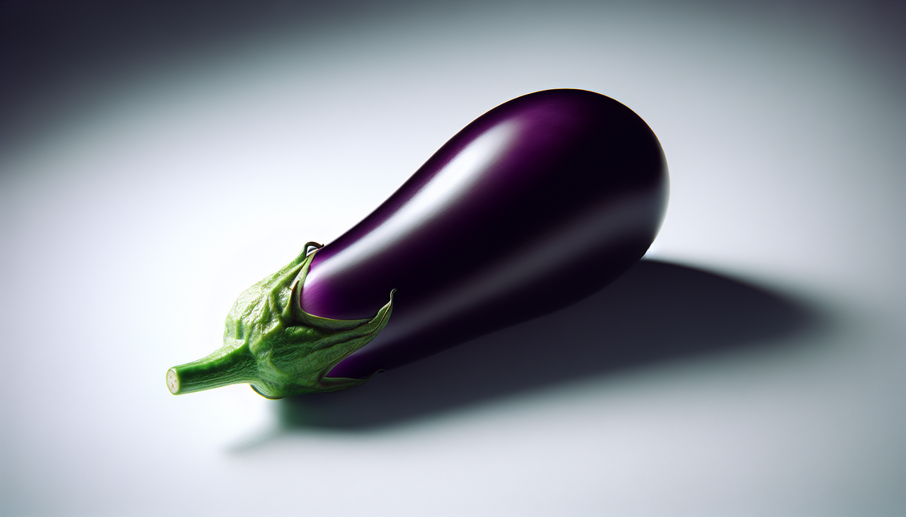 Légume en E - Image réaliste d'aubergine pourpre brillante sur fond blanc.