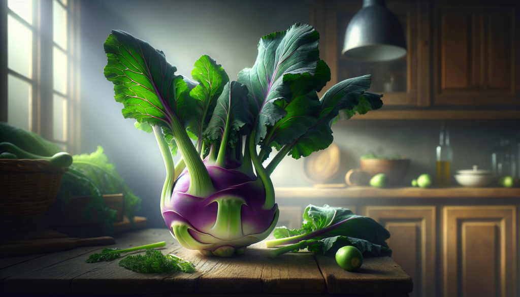 Légume kohlrabi en plan centré dans une cuisine rustique avec éclairage naturel.