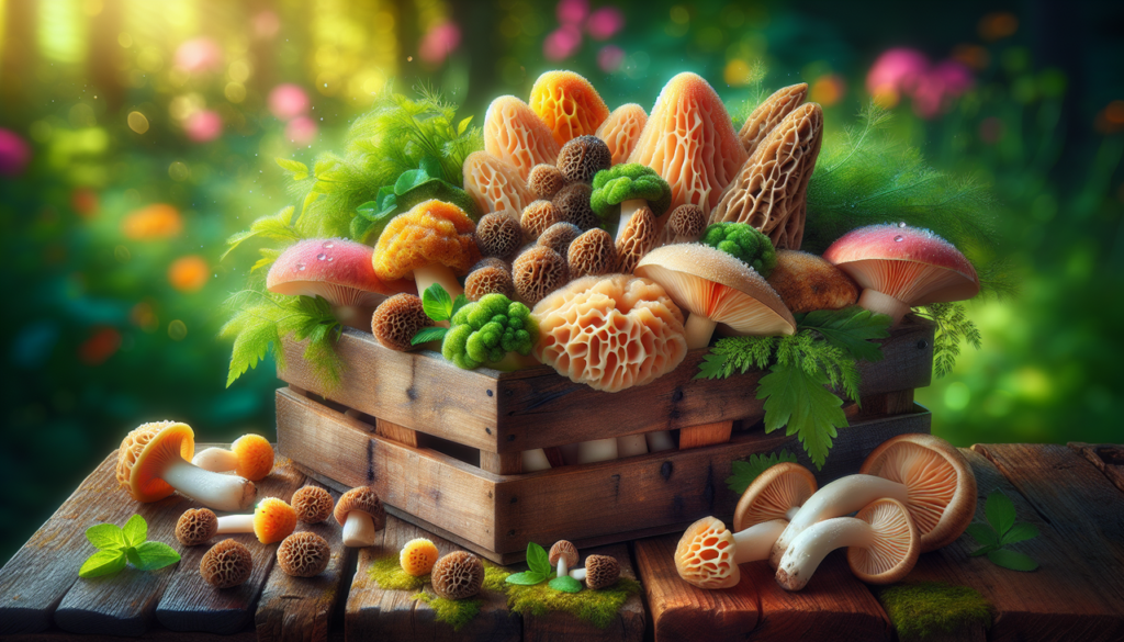 Affiche : "Mushrooms, Morels, Mouse Melons frais dans un panier en bois rustique avec un arrière-plan de jardin en douceur."