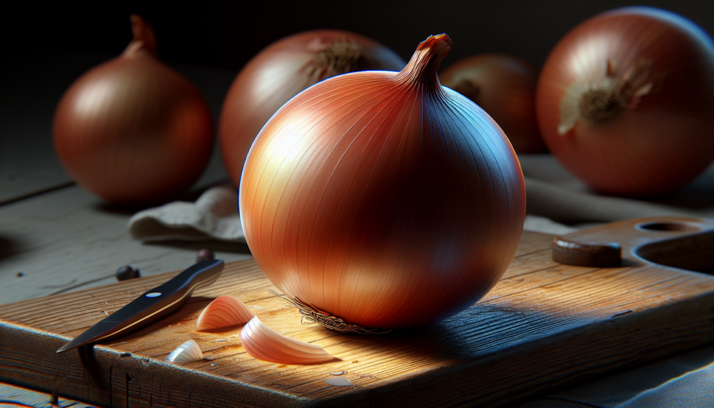 Légume en O : Onion on a wooden chopping board, with soft shadow and warm sunlight.