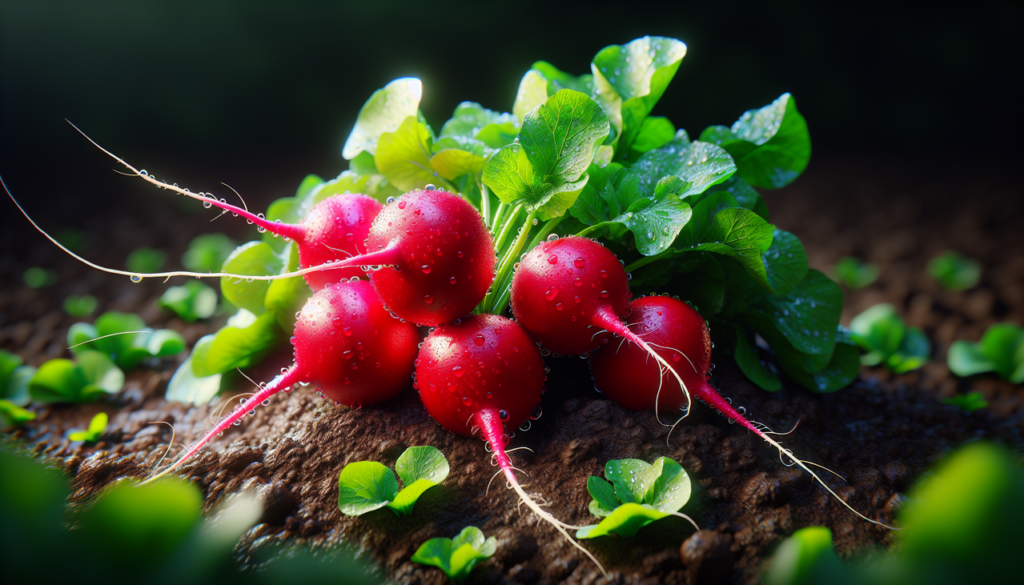 Légume en R au sol, image vibrante avec radis frais, gouttes d'eau brillantes, feuilles vertes.
