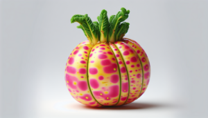 Légume en U avec tubercule rose et jaune, feuille verte, fond blanc - détails et couleurs accentués.