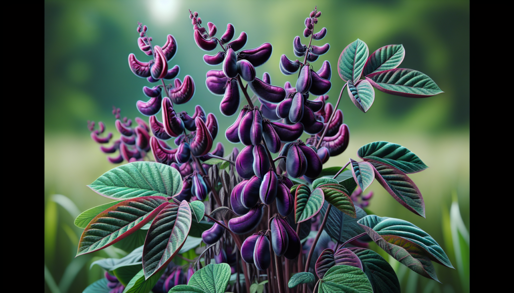 Légume velours V, Bean Velvet vibrant avec feuilles vertes luxuriantes et groupes de haricots velours pourpre foncé, sur fond doux naturel.