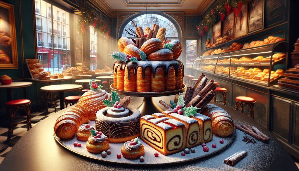 Gâteau en B avec beignets dorés, babka chocolat-cannelle, Bûche de Noël délicatement décorée.