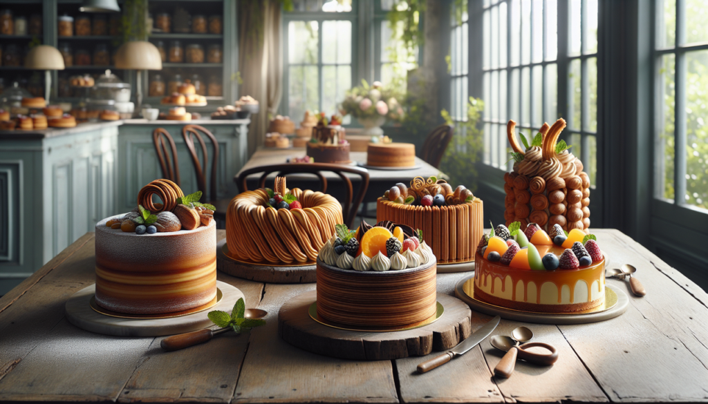 Délicieux Gâteau en C à la pâtisserie française, garni de fruits, de menthe et de sucre en poudre.