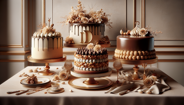 Gâteau en D, élégamment présenté, avec Dacquoise, Dariole et Dome au Chocolat.