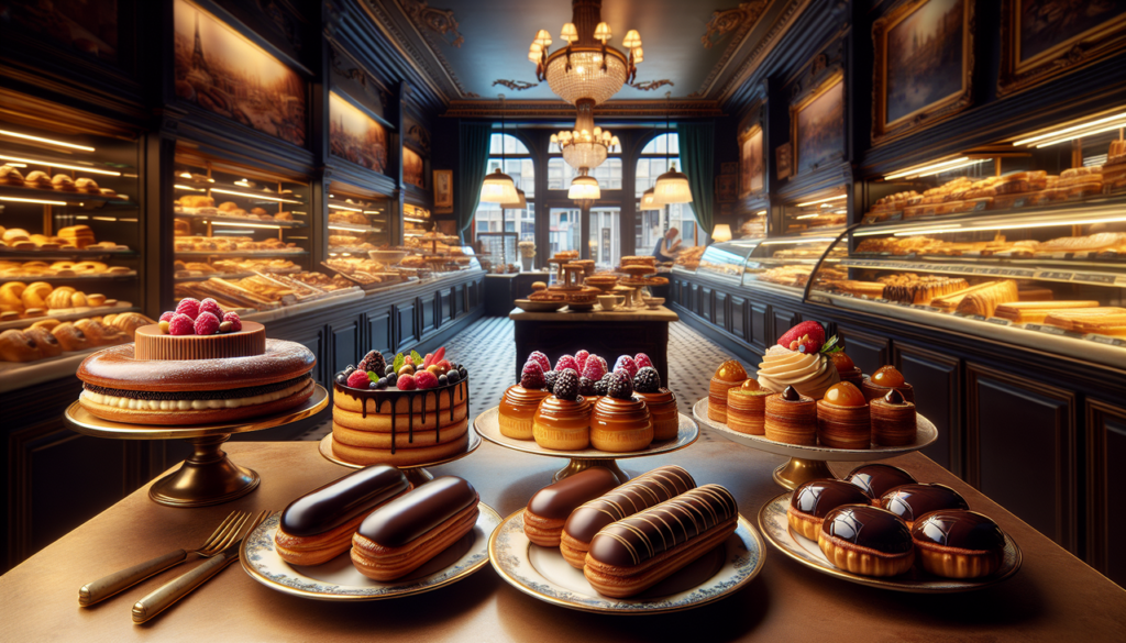 Gâteau en E variés et délicats sur porcelaine, arrière-plan pâtisserie chaleureuse.