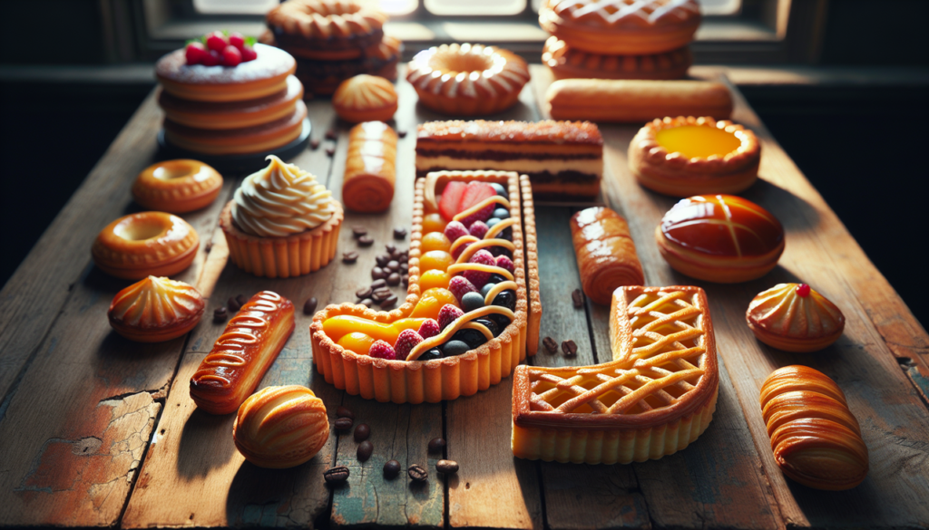 Un assortiment de pâtisseries françaises commençant par la lettre J sur une table en bois vintage avec un éclairage naturel mettant en valeur les textures et les couleurs des jolies tartes, javanais et jalousies.