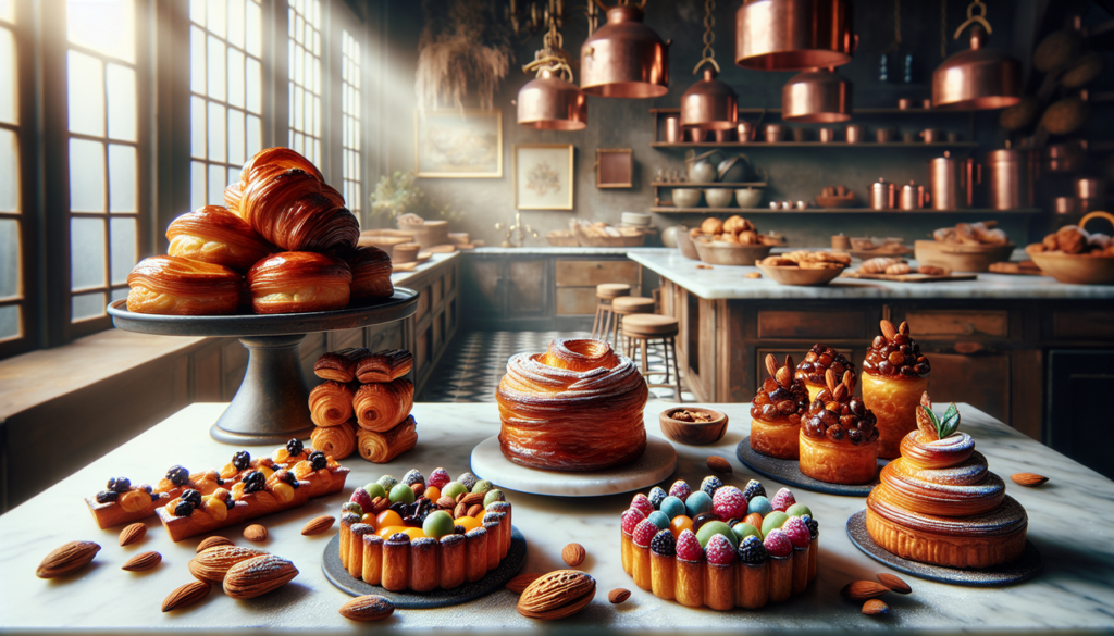 Gâteau en K sur un comptoir de marbre avec pâtisseries françaises assorties.