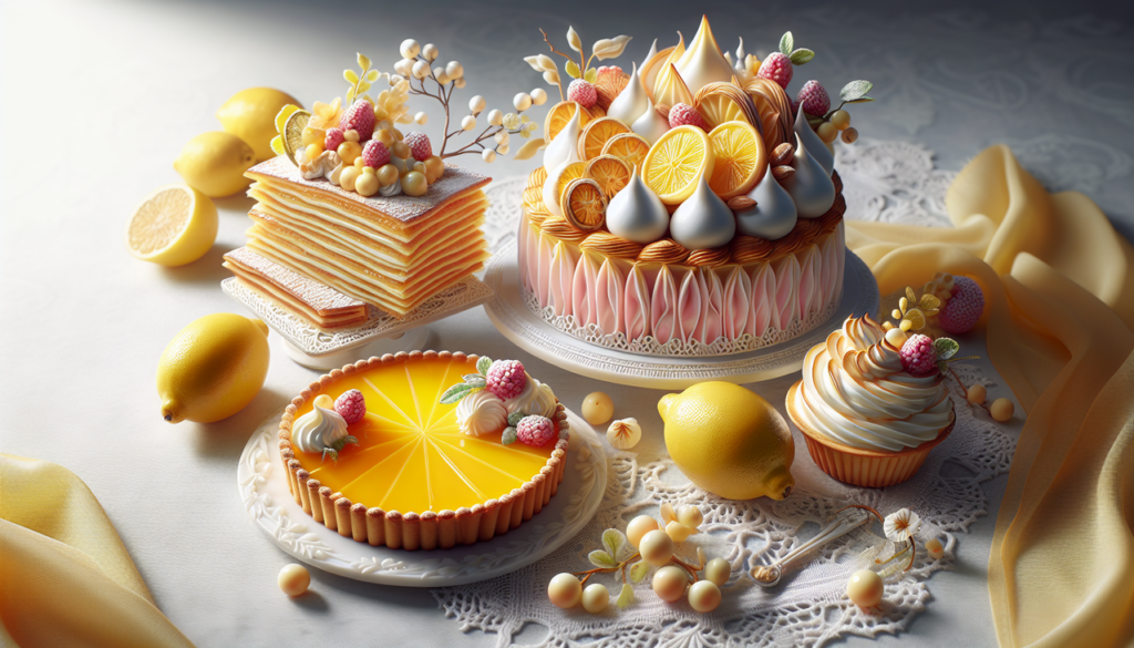 Gâteau en L avec tarte au citron, gâteau Lorraine aux amandes et crêpes en dentelle vanillées.