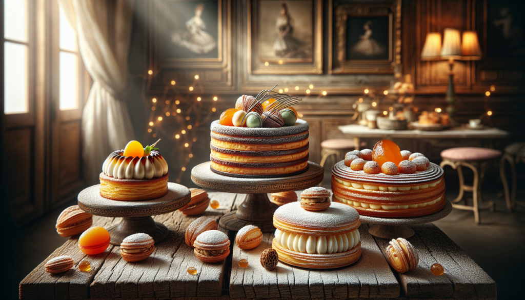 Gâteau en O, patisserie française, élégamment présenté sur table en bois rustique.