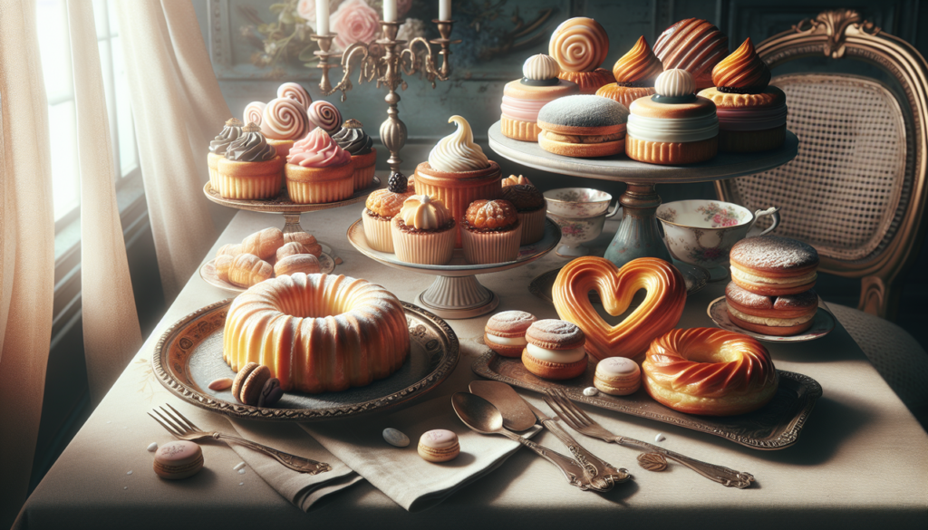 Montage de gâteaux en P sur table vintage avec Paris-Brest, Petits fours, Pithivier, Palmier.