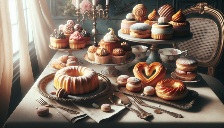 Montage de gâteaux en P sur table vintage avec Paris-Brest, Petits fours, Pithivier, Palmier.