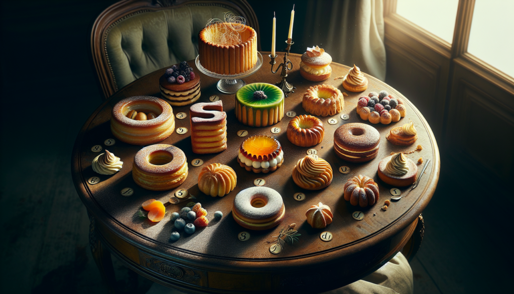Gâteau en S sur table en bois vintage avec Sablé, Saint-Honoré, Sacher, Soufflé, Socca.