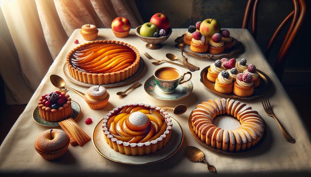 Délicieux gâteau en forme de T, vue aérienne, avec tarte tatin, tarte tropezienne, tuiles et tartelettes fruitées, ambiance chaleureuse.