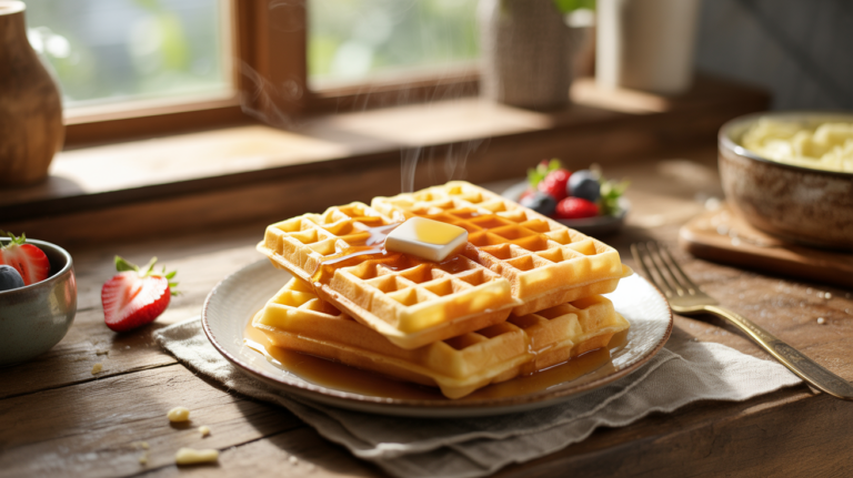 Assiette de gaufres dorées fondantes et croustillantes servies sur une table rustique baignée de lumière naturelle du matin.