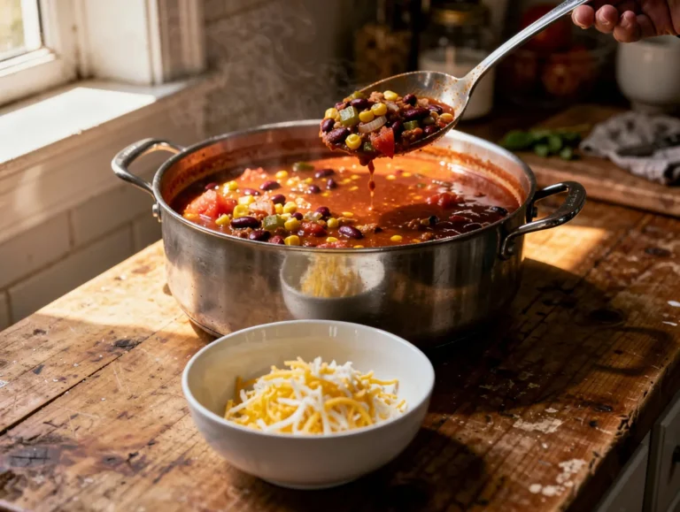 Marmite de chili végétarien aux haricots rouges servie à la louche