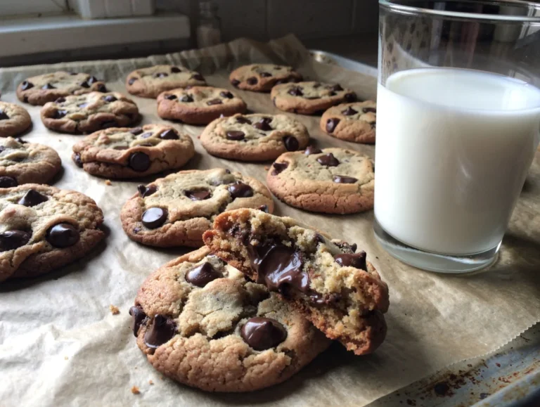 Cookies aux pépites de chocolat sur papier cuisson, un cassé en deux