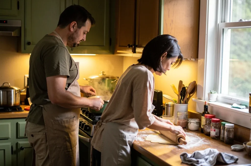 Un homme et une femme cuisinent ensemble dans leur cuisine, tabliers noués