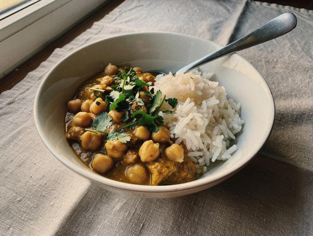 Bol de curry de pois chiches au lait de coco avec du riz et de la coriandre