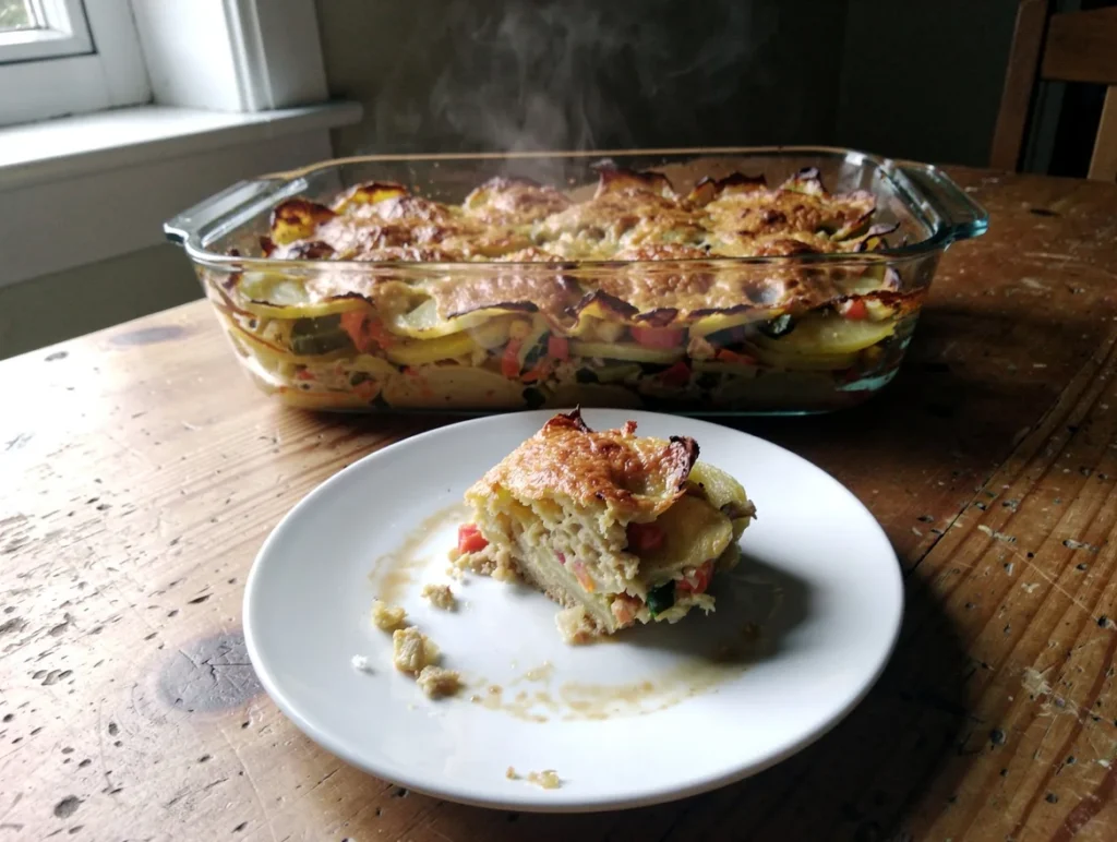 Gratin de légumes et pommes de terre doré, une portion servie