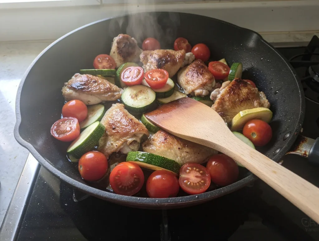 Poêlée de poulet aux courgettes et tomates cerises dans la poêle