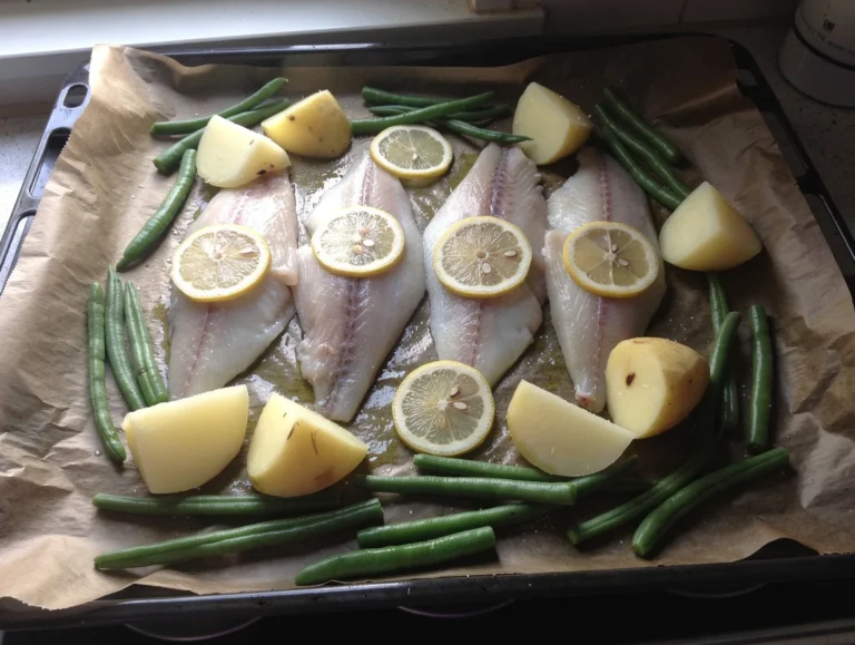 Plaque de four avec filets de poisson, citron, haricots verts et pommes de terre