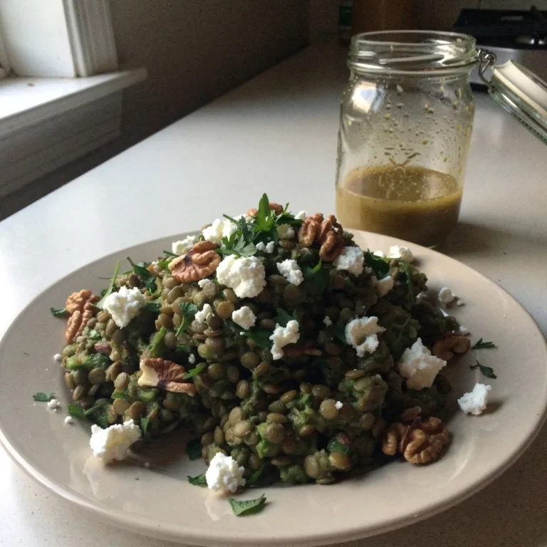 Assiette de salade de lentilles à la feta, noix et persil