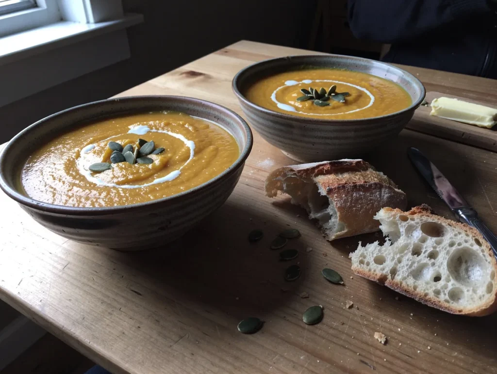 Deux bols de velouté de butternut avec graines de courge et pain