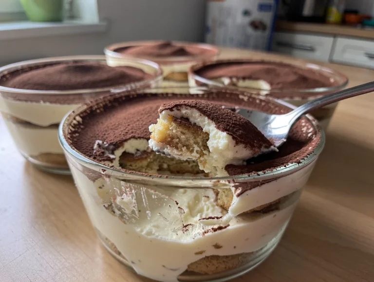 Tiramisu maison en coupes, cacao en surface