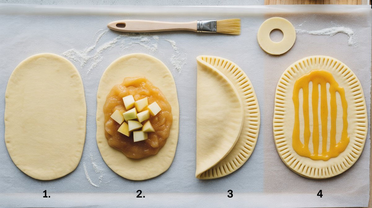 Quatre étapes du montage d'un chausson aux pommes : garniture, pliage, soudure, chiquetage